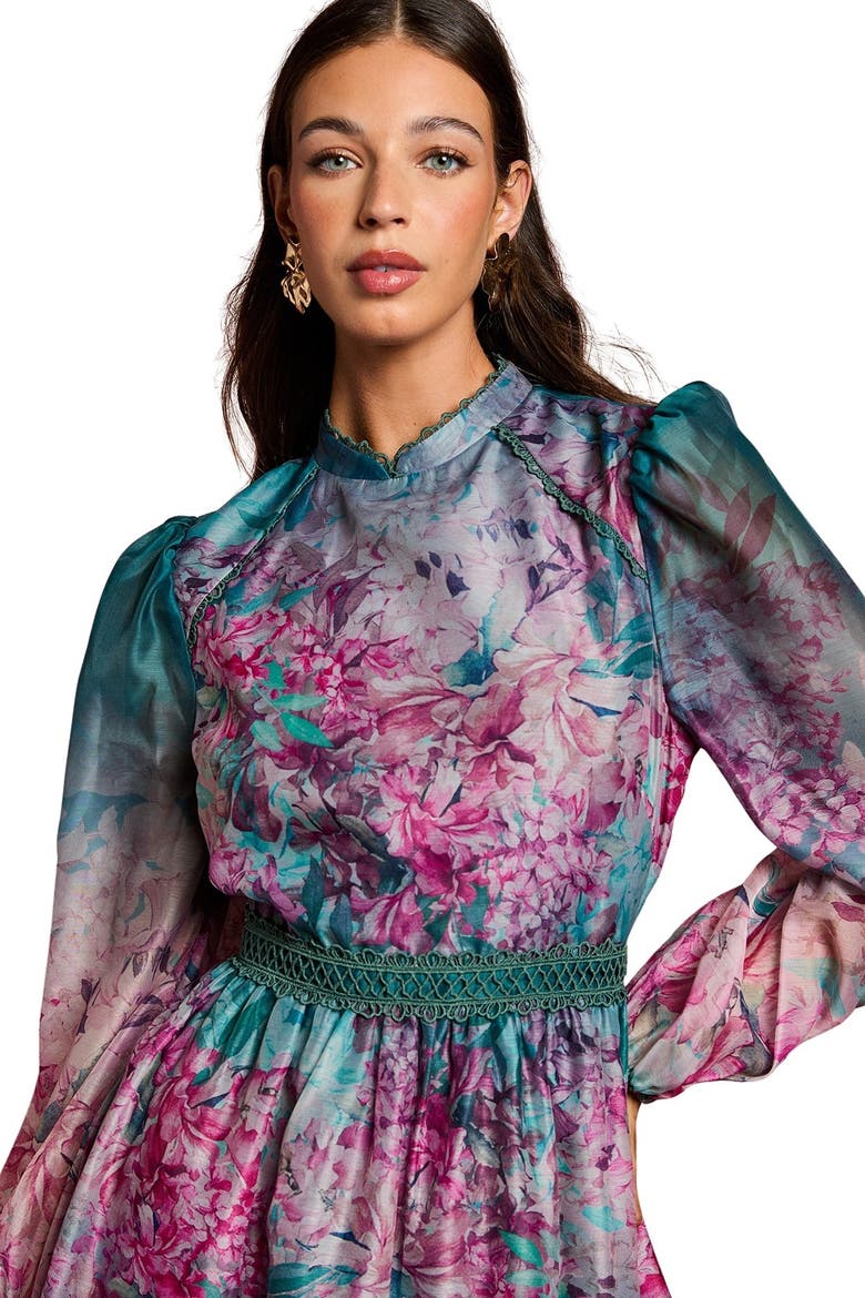 Floral Print Organza Mini Dress, Alternate, color, Teal