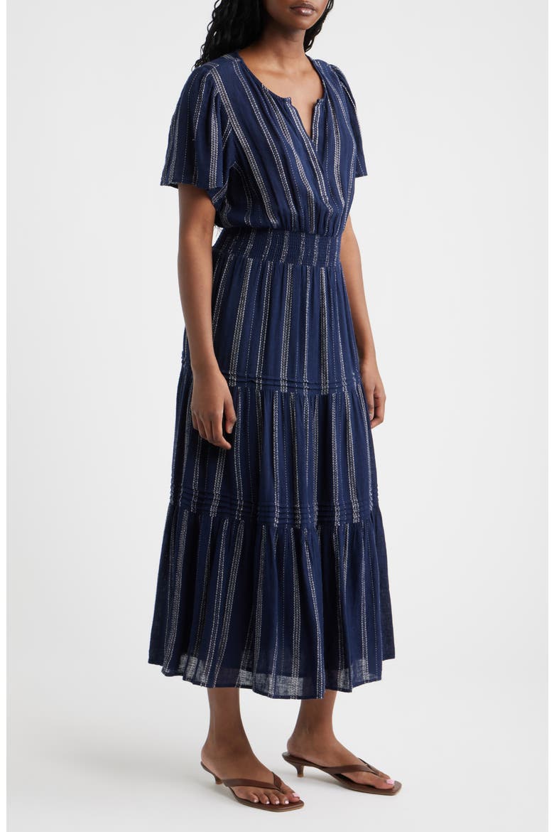 Cannes Stripe Tiered Linen Blend Dress, Alternate, color, MARINA STRIPE