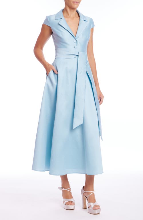Badgley Mischka Belted Cap-sleeve Pique Midi Shirtdress In Hydra Blue