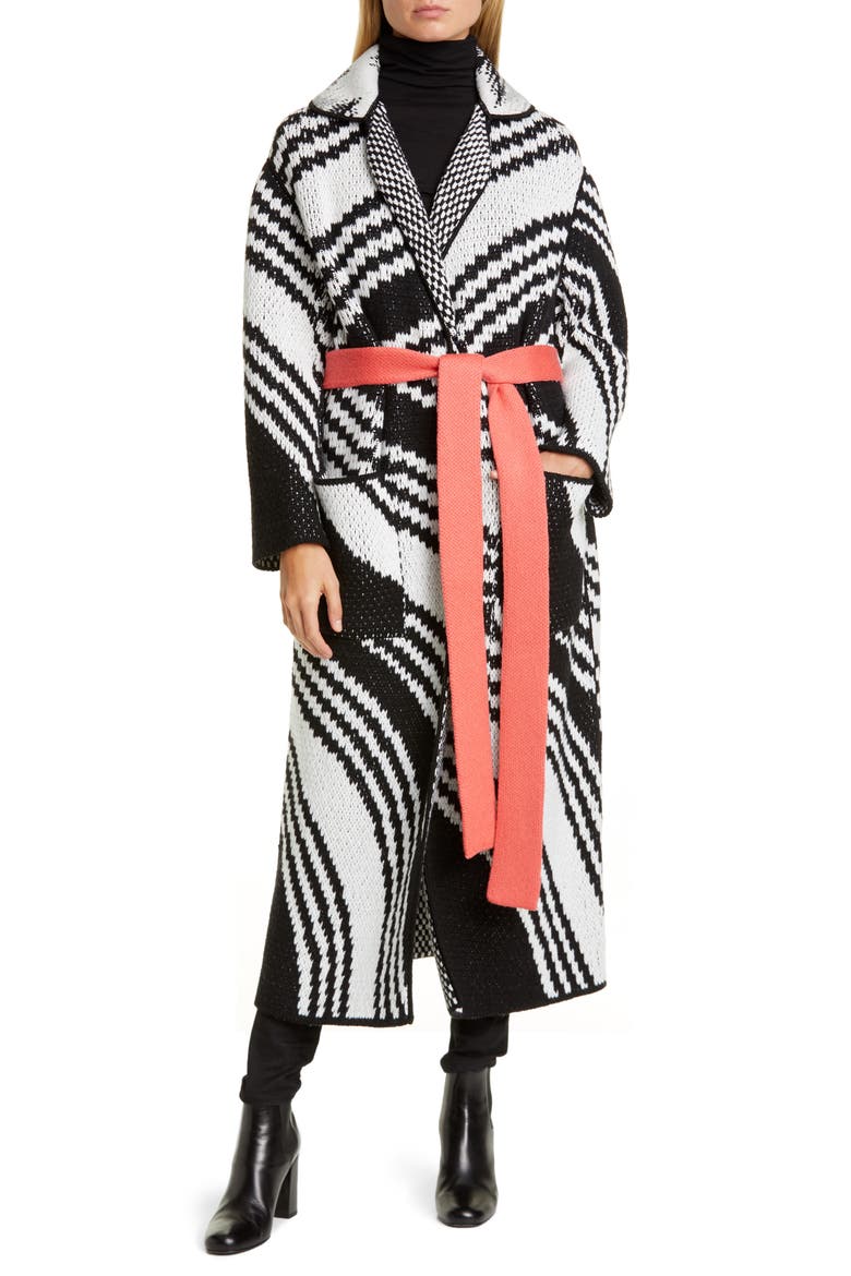 Zigzag Jacquard Wool Blend Sweater Coat, Main, color, BLACK/ WHITE