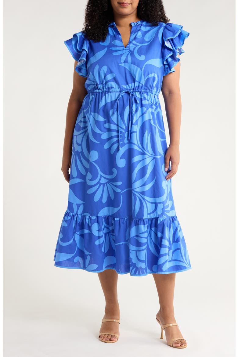 Emidora Floral Kiny Flutter Sleeve Cotton Midi Dress, Main, color, NAVY-BLUE