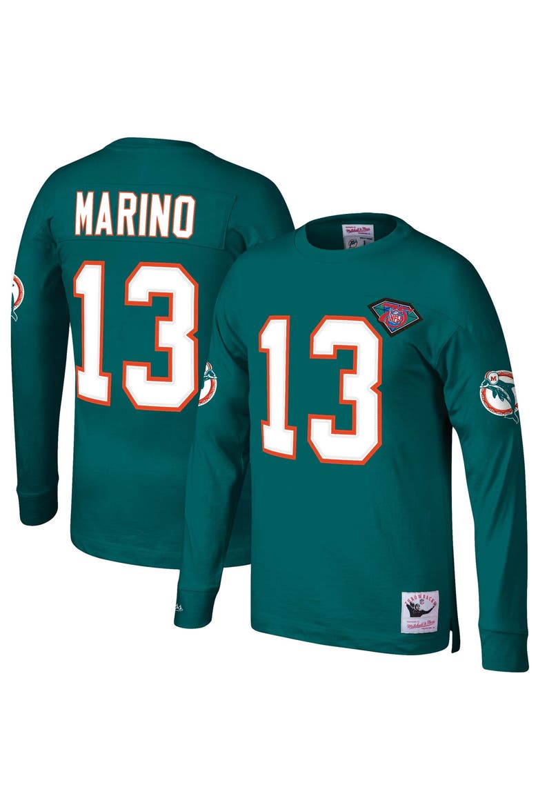 Men's Mitchell & Ness Dan Marino Aqua Miami Dolphins Throwback Retired Player Name & Number Long Sleeve Top, Alternate, color, Aqua