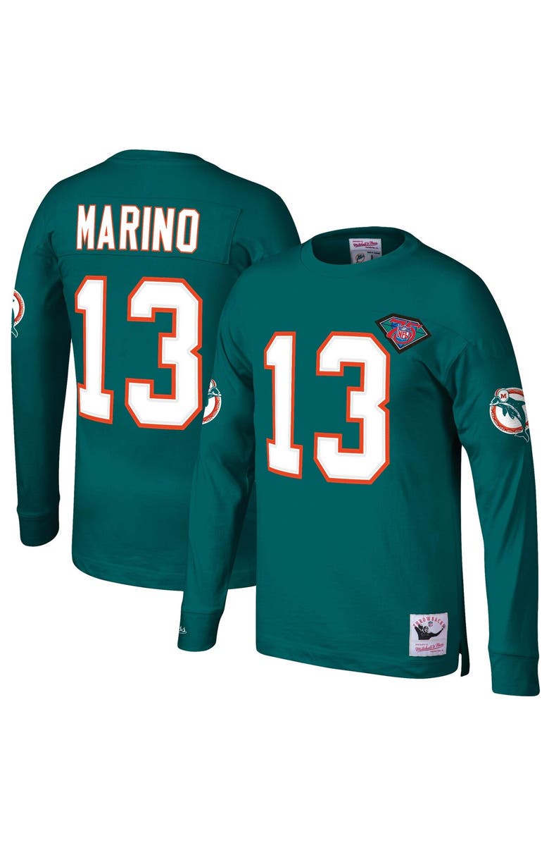 Mitchell & Ness Men's Mitchell & Ness Dan Marino Aqua Miami Dolphins Throwback Retired Player Name & Number Long Sleeve Top, Alternate, color, Aqua