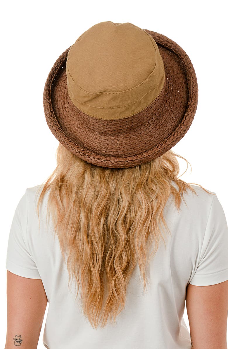 Nicole Miller Woven & Straw Rolled Bucket Hat, Alternate, color, Brown