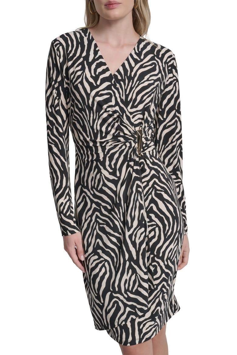 Faux Wrap Drape Long Sleeve Sheath Dress, Alternate, color, BLACK/ WHITE