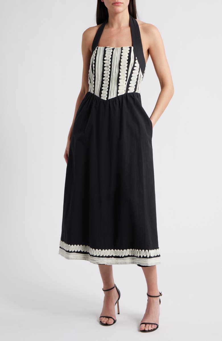 Adelyn Rae Fernanda Halter Cotton Midi Dress, Main, color, Black/ Cream