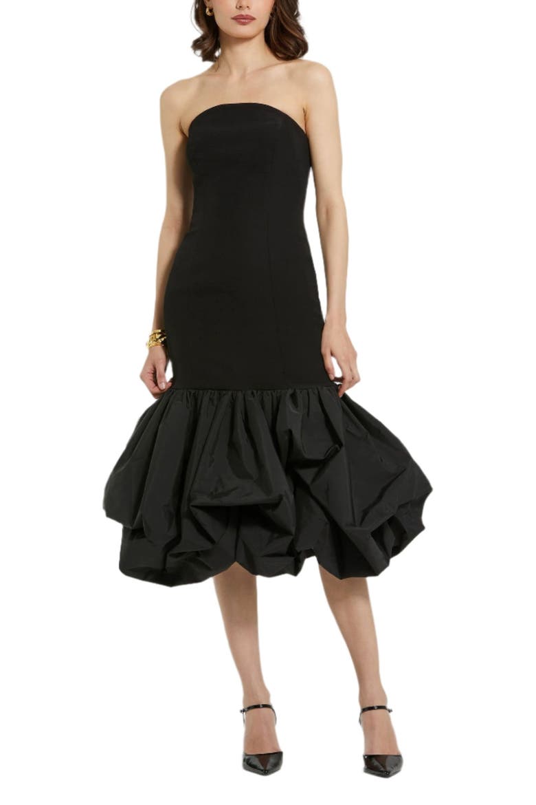 Women's Crepe Strapless Midi Dress With Taffeta Bubble Hem, Main, color, Black
