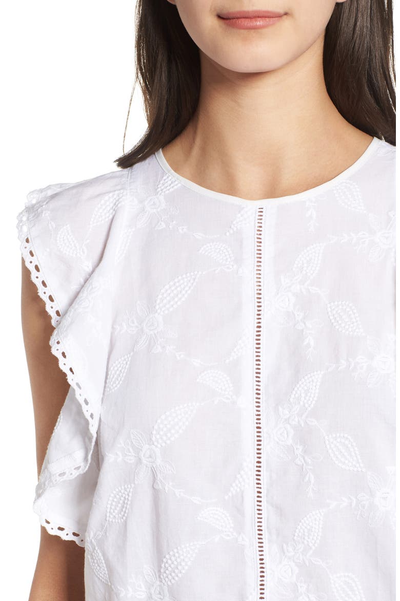Flutter Sleeve Embroidered Top, Alternate, color, WHITE
