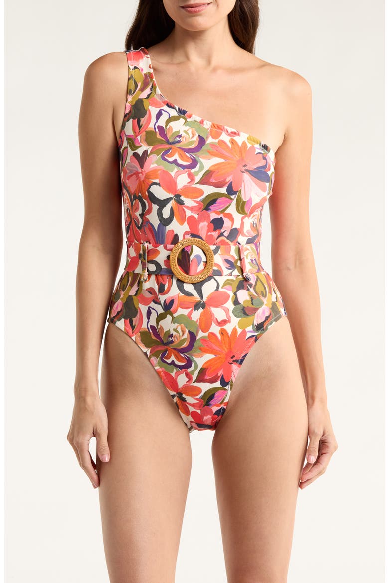 One-Shoulder O-Ring One-Piece Swimsuit, Main, color, CORAL PAINTED LUSH TROPICAL