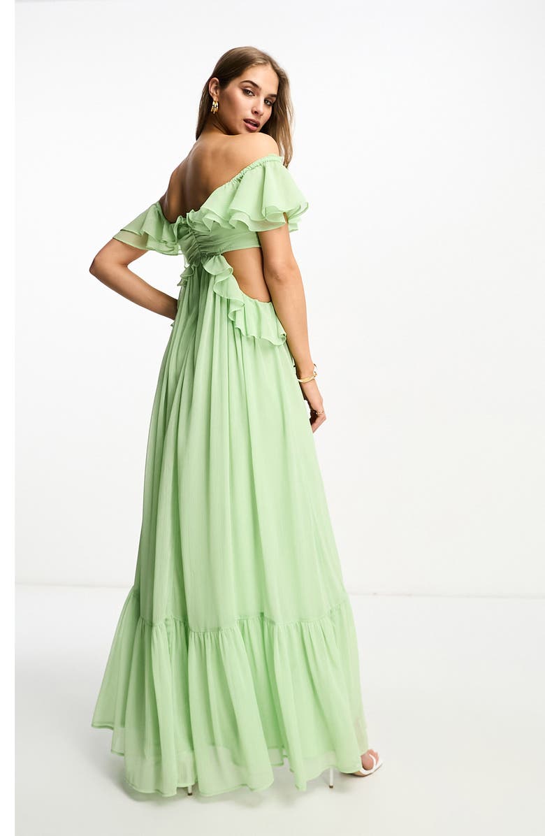 ASOS DESIGN Ruffle Off the Shoulder High-Low Maxi Dress, Alternate, color,