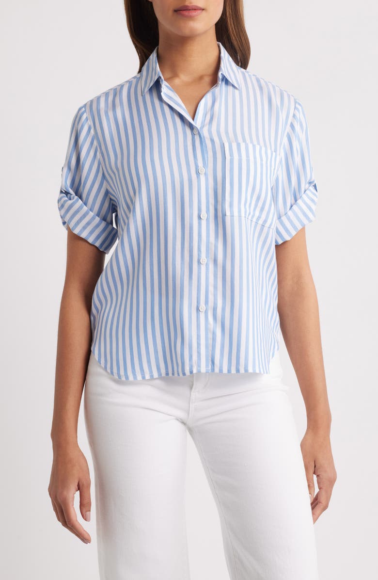 beachlunchlounge Murphy Stripe Button-Up Shirt, Main, color, Blue Poppy