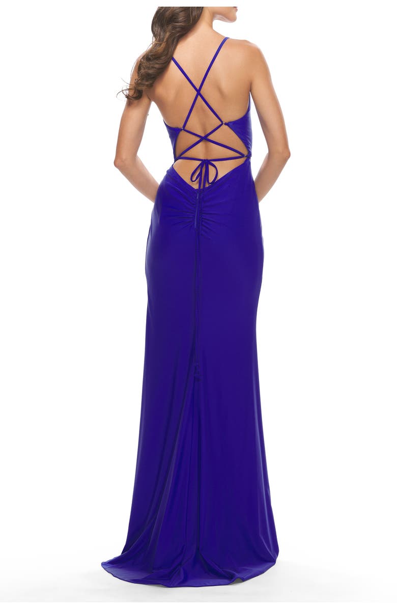 La Femme Soft Jersey Dress with Knot Waist and Lace Up Back, Alternate, color, Royal Blue