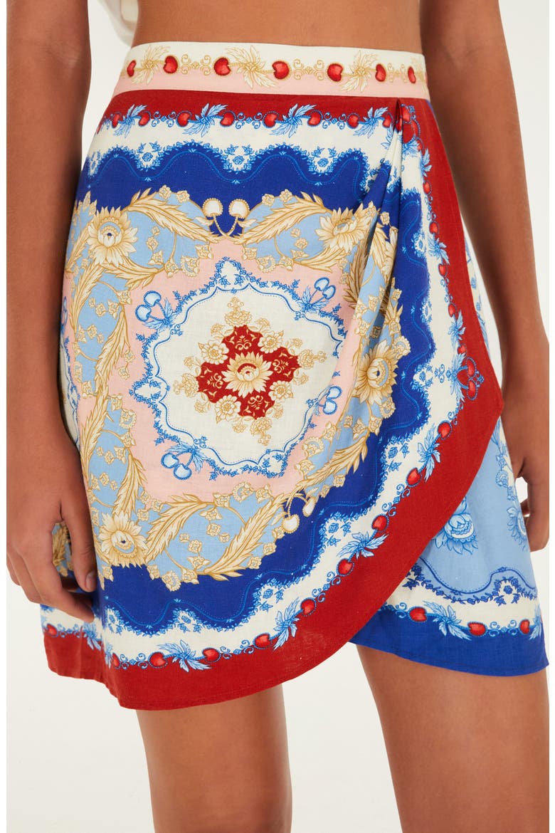 Mixed Cherry Royalty Scarf Print Linen Blend Miniskirt, Alternate, color, BLUE