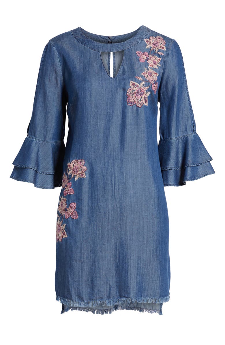 Billy T Embroidered Chambray Keyhole Dress, Alternate, color, 