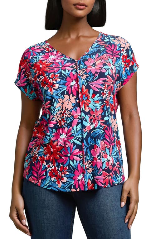 Jones New York Floral Exposed Seam V-neck Top In Pacific Navy Multi
