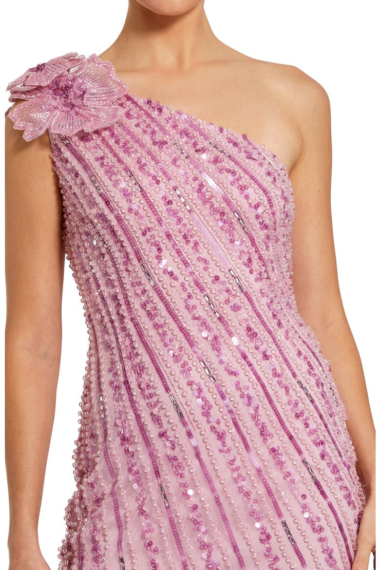 3D Flower Detail One Shoulder Beaded Mesh Gown, Alternate, color, Orchid