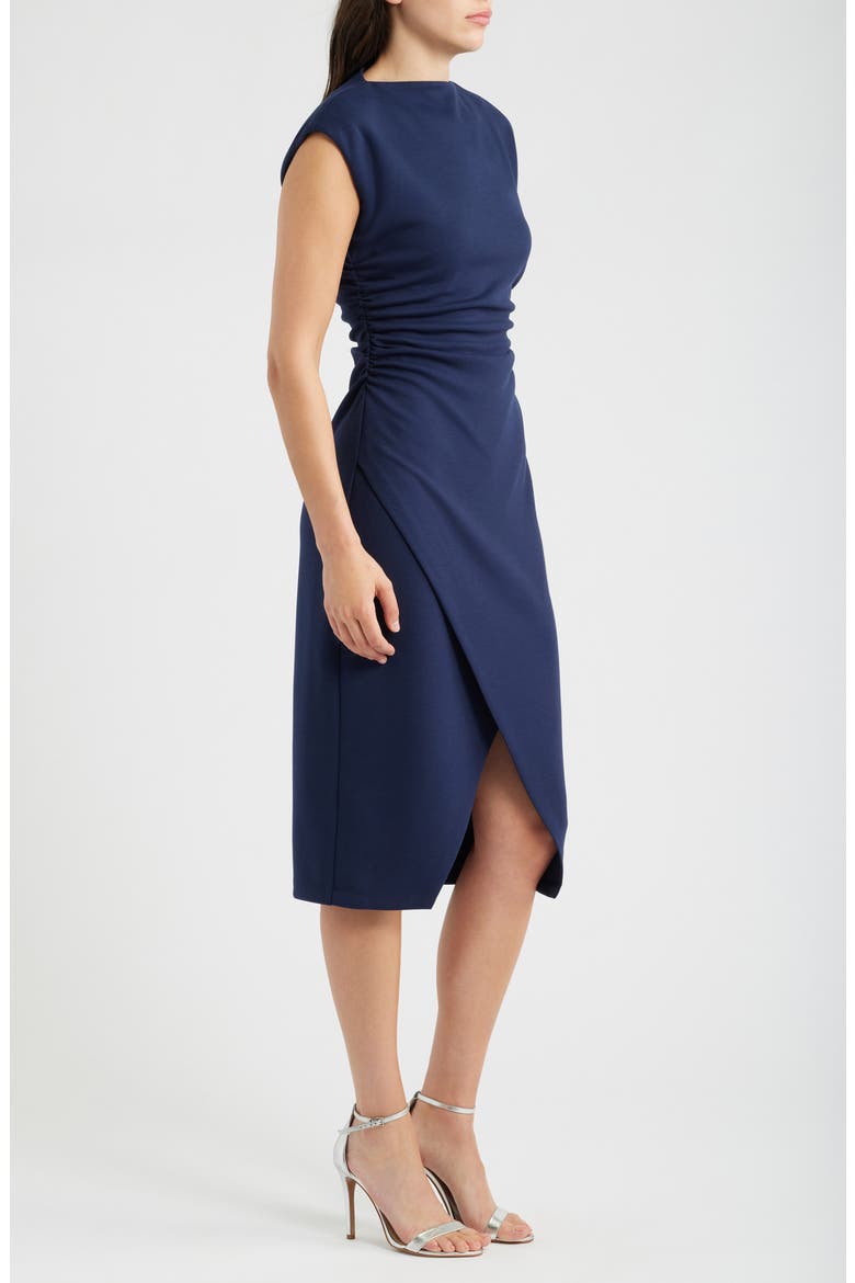 Cap Sleeve Ruched Scuba Crepe Midi Dress, Alternate, color, NAVY
