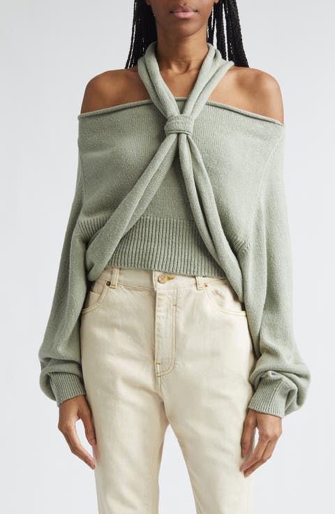 Halter Neck Cold Shoulder Silk Sweater