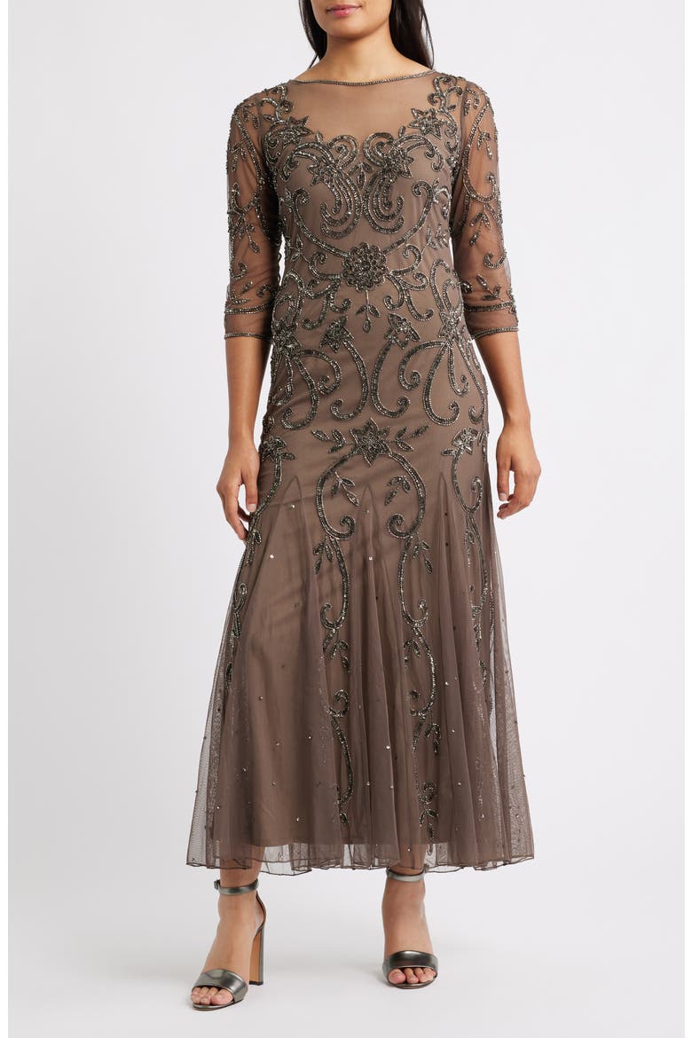Beaded Illusion Neck Gown, Main, color, DEEP MOCHA