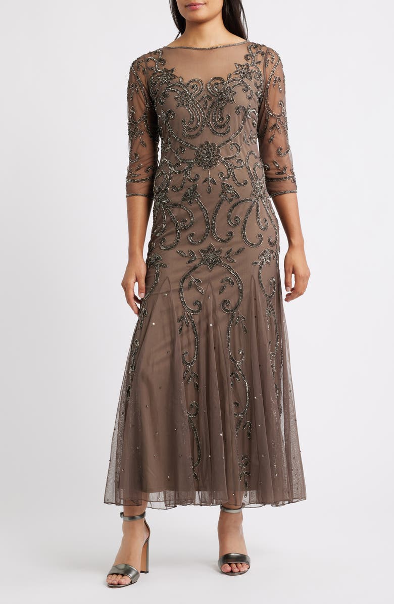 Pisarro Nights Beaded Illusion Neck Gown, Main, color, Deep Mocha