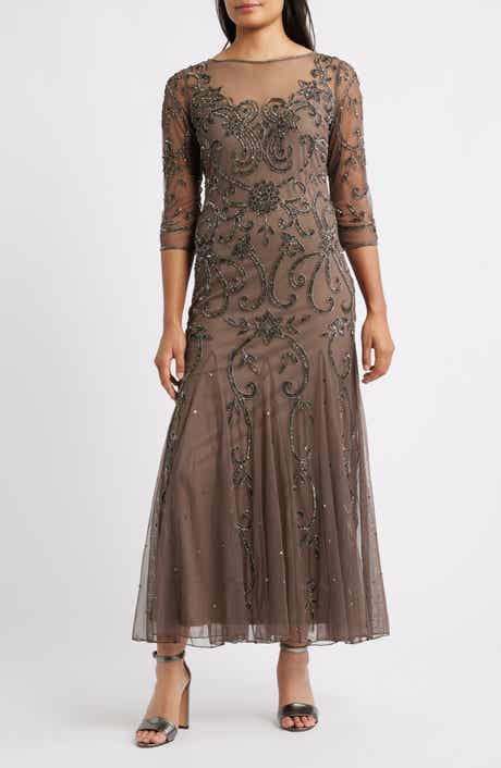 Pisarro Nights Beaded Illusion Neck Gown