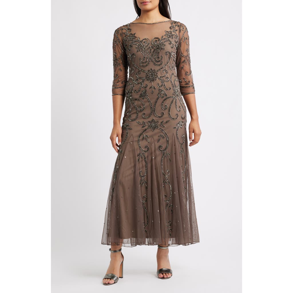 Pisarro Nights Beaded Illusion Neck Gown In Brown