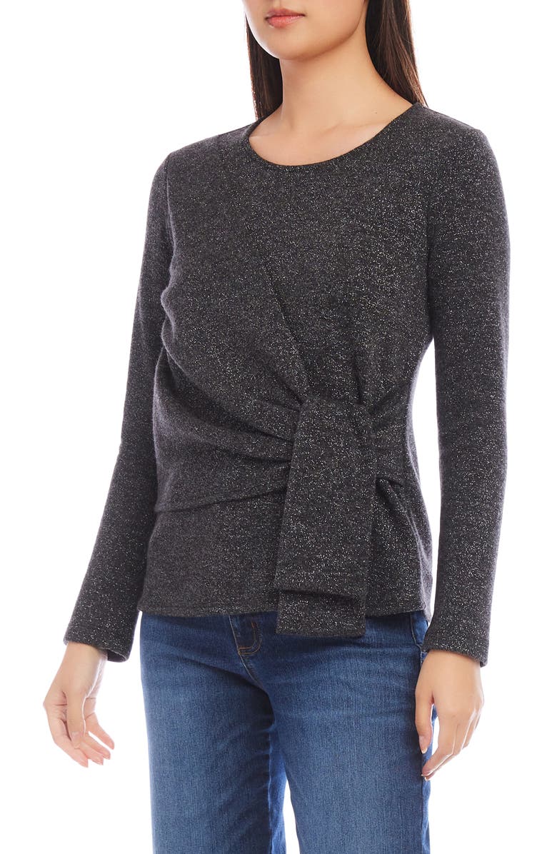 Karen Kane Sparkle Side Drape Long Sleeve Top, Alternate, color, Black W/Silver