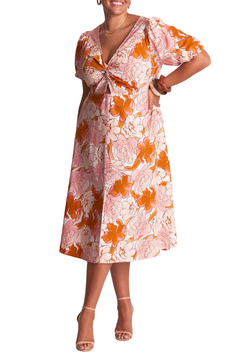 Amira Floral Print Puff Sleeve Midi Dress, Main, color, SUNSET