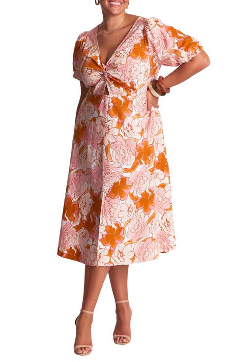 Amira Floral Print Puff Sleeve Midi Dress (Plus)