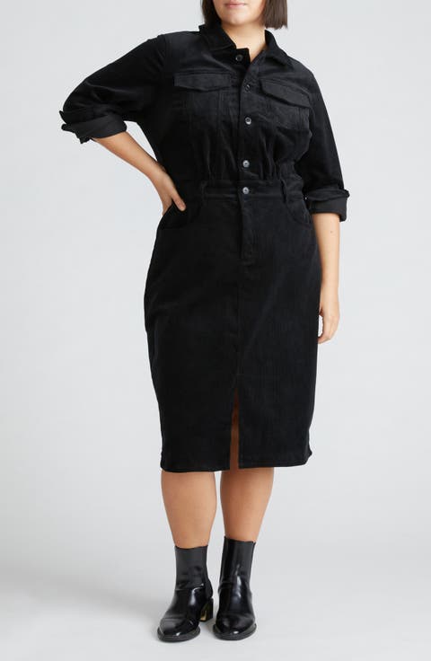 Dakota Long Sleeve Stretch Corduroy Shirtdress (Regular & Plus)