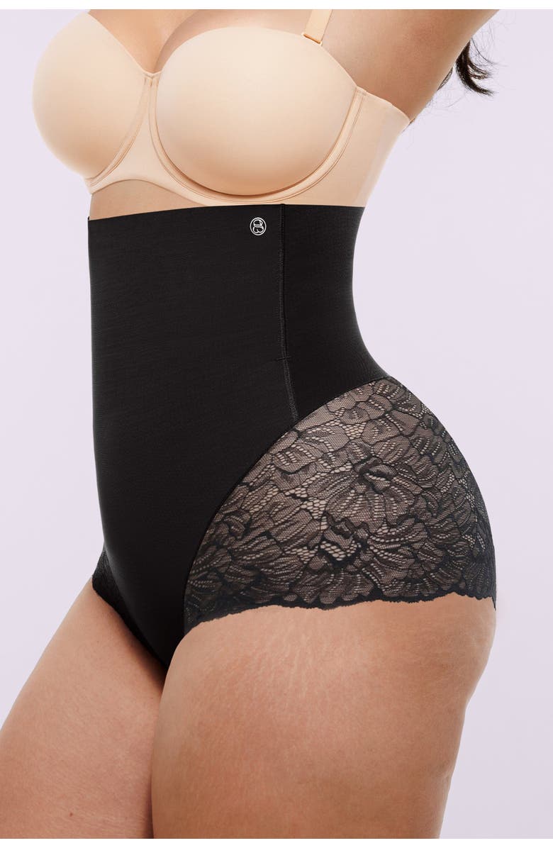 Shapellx Mesh Smooth High-Waisted Sheer Lace Brief, Alternate, color, Classic Black
