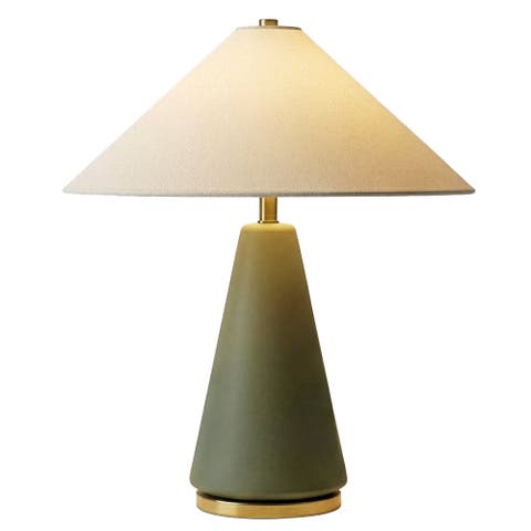 Dawn 19" Green Matte LED Table Lamp with Ivory Cotton Cone Shade and Brass Base