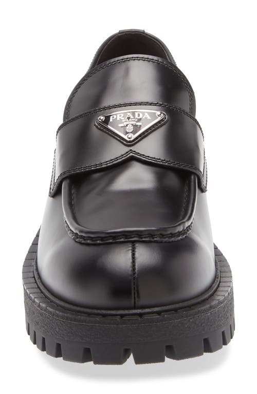 Prada Polished Black Leather Loafers With Chunky Rubber Sole In Black