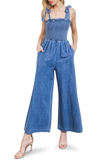 Flying Tomato Tie Strap Chambray Jumpsuit In Blue