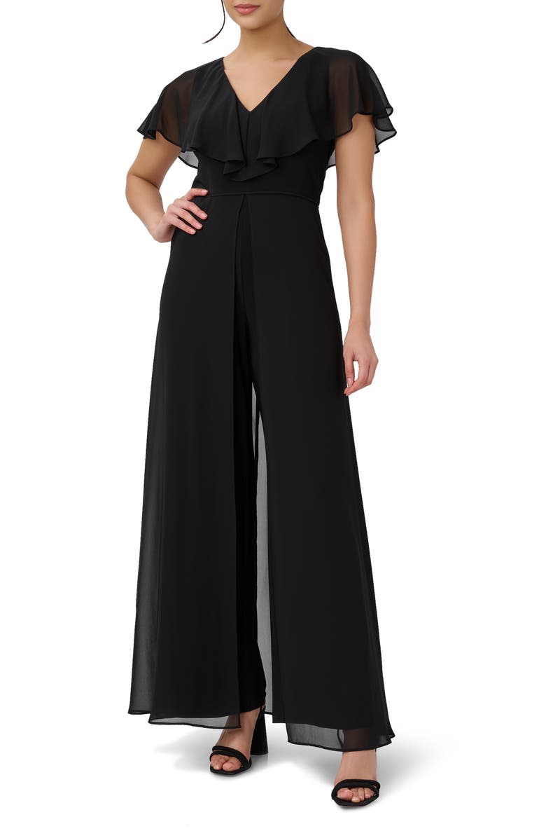 Adrianna Papell Ruffle Chiffon & Jersey Jumpsuit, Main, color,