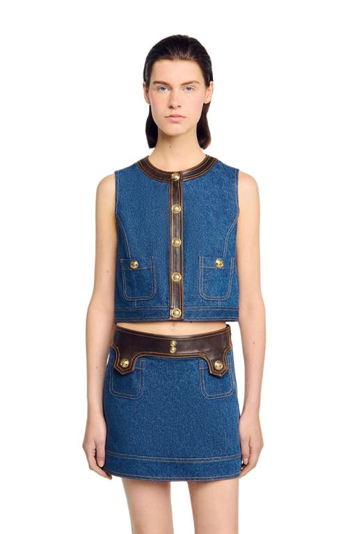 Sandro Womens Dark Blue Leather-trim Button-down Denim Top In Blue