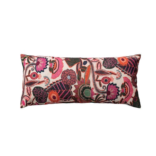 Storied Home Cotton Slub Embroidered Lumbar Pillow With Florals And Chambray Back, Multicolor