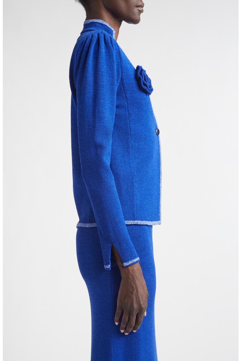 Betsey Rosette Embellished Legacy Crepe Knit Jacket, Alternate, color, COBALT/ SOFT BLUE MULTI