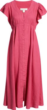 Treasure & Bond Short Sleeve Button Down Linen Blend Midi Dress