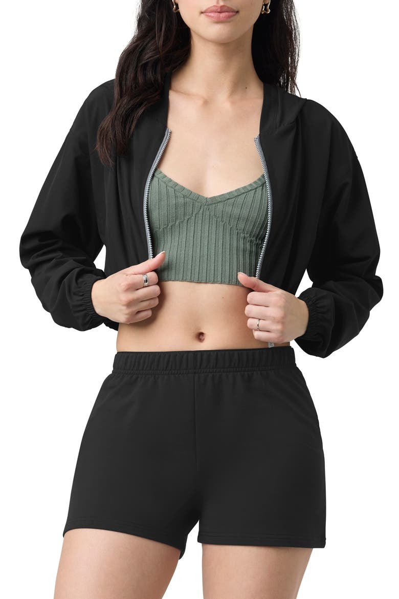 Front Zip Hooded Crop Track Jacket, Main, color, BLACK