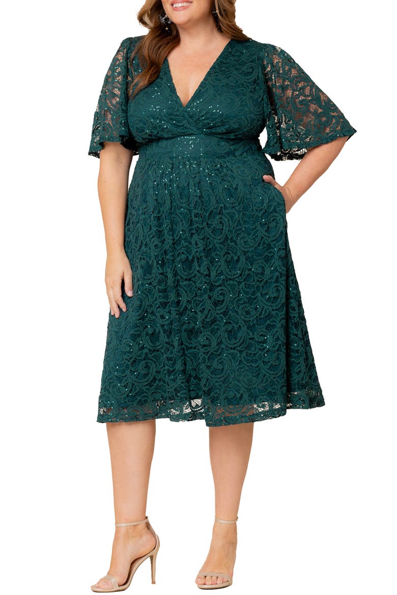 Starry Sequin Lace Fit & Flare Cocktail Dress, Alternate, color, EMERALD GREEN