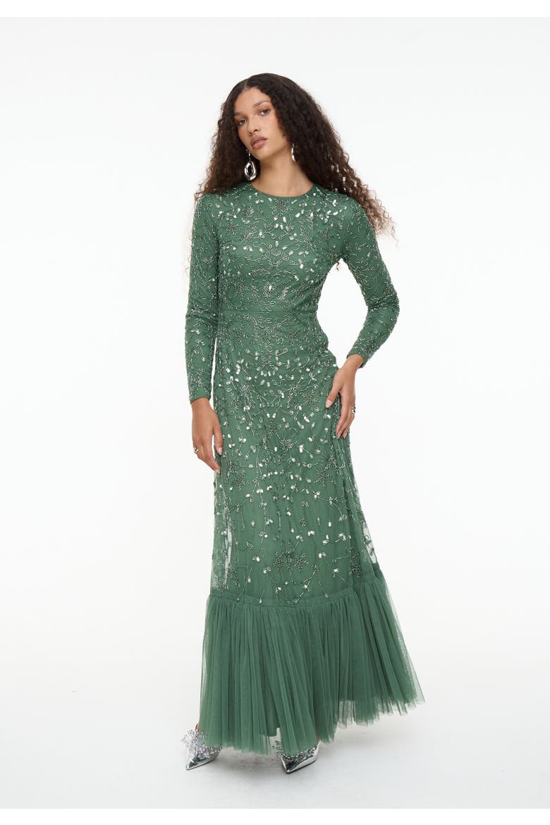 Modest Embellished Sequin Beaded Dress Maxi With Long Cape, Alternate, color, DARK GREEN