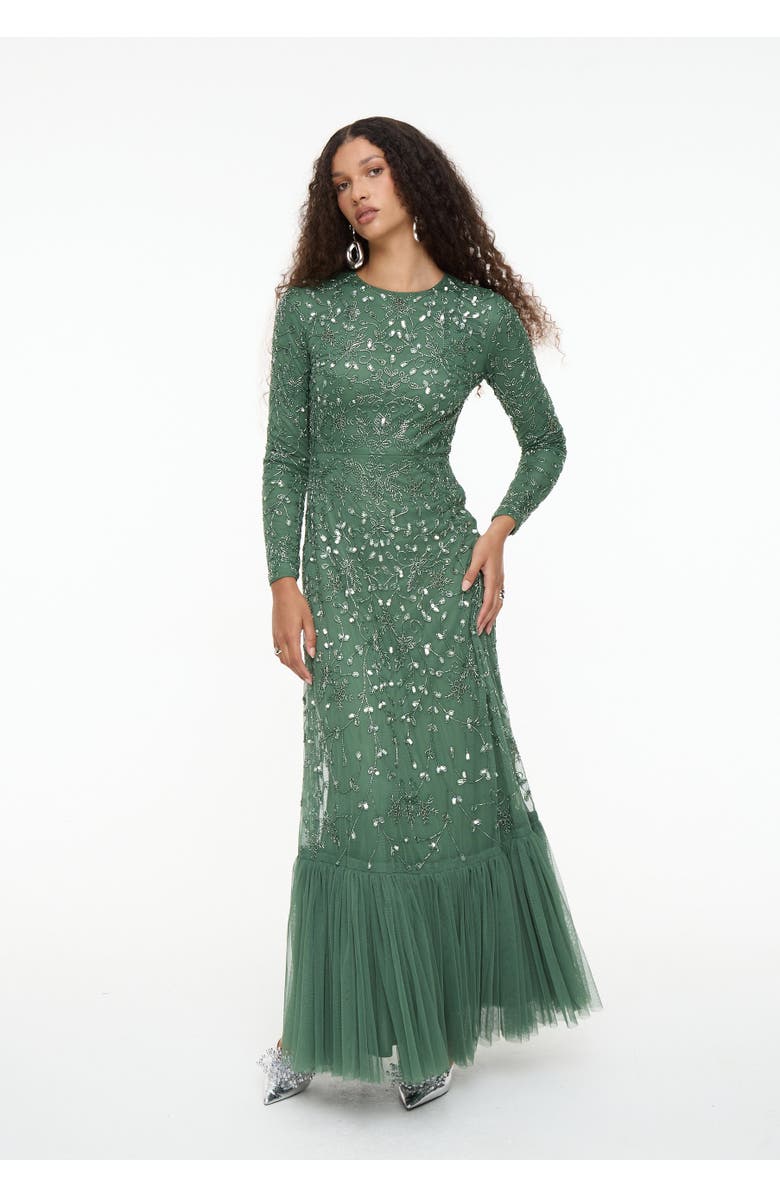 MARYISA Modest Embellished Sequin Beaded Dress Maxi With Long Cape, Alternate, color, Dark Green