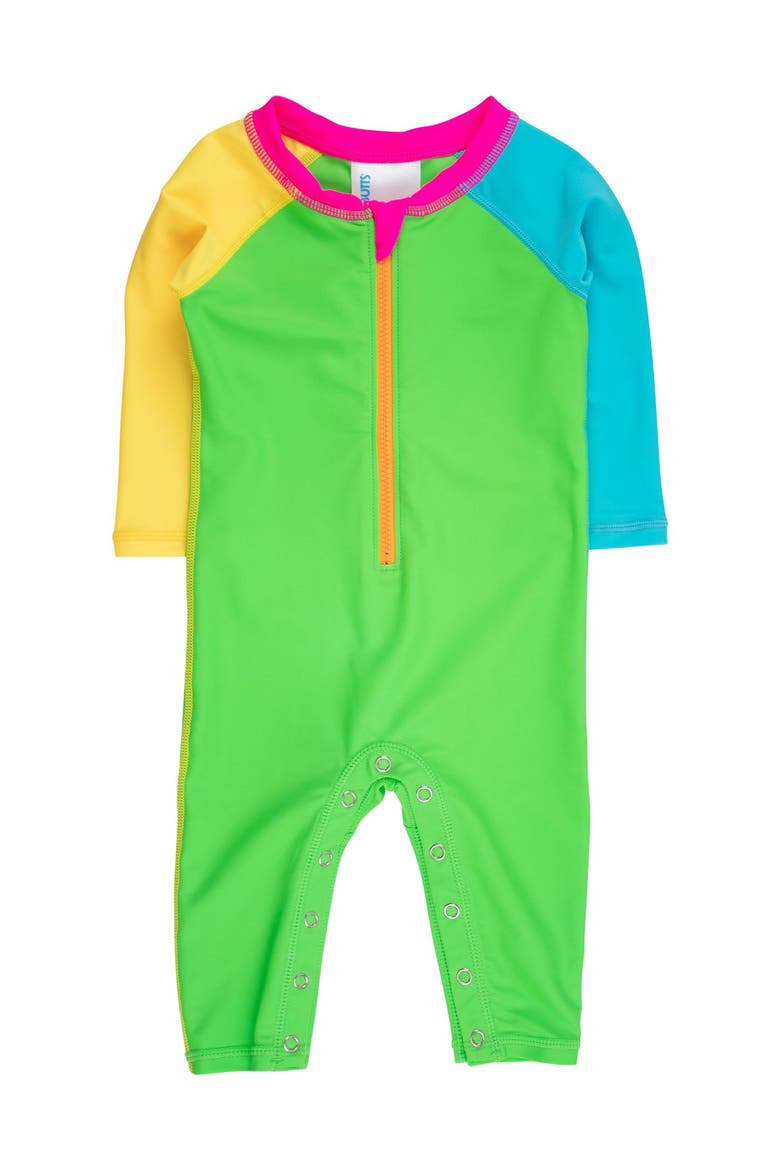 UPF50+ Sun Protected Full Length Long Sleeve Rash Guard One Piece Swimsuit, Main, color, Neon Color Block