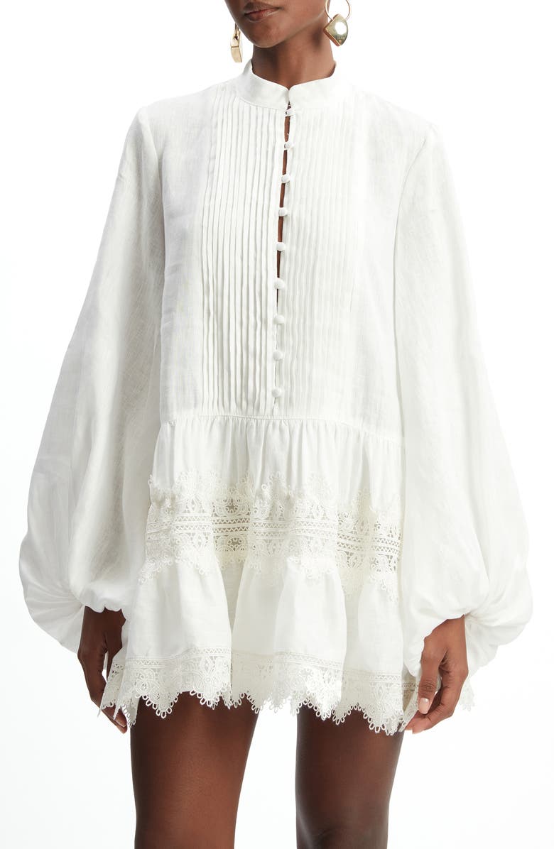 Bardot Antonia Lace Trim Long Sleeve Linen Minidress, Alternate, color,