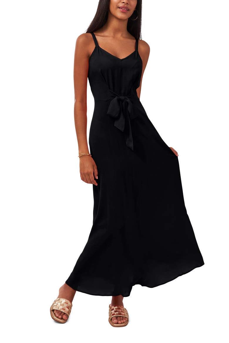 Tie Front Challis Sleeveless Maxi Dress, Alternate, color, RICH BLACK