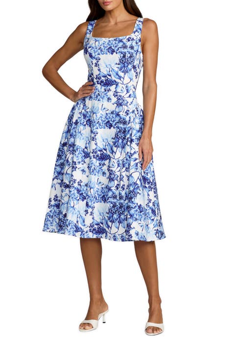 Crepe Floral Square Neck Sleeveless Midi Dress