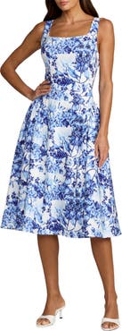 Mac Duggal Crepe Floral Square Neck Sleeveless Midi Dress