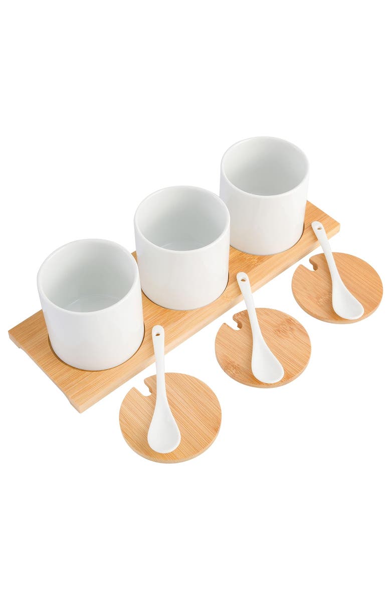 Gibson Gracious Dining 10 Piece Fine Ceramic Condiment Jars with Lids and Spoons, Alternate, color, White