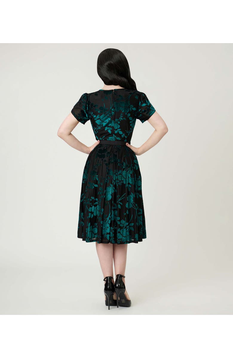 Unique Vintage Short Petal Sleeve Tie Neck Dahlia Swing Dress, Alternate, color, Teal